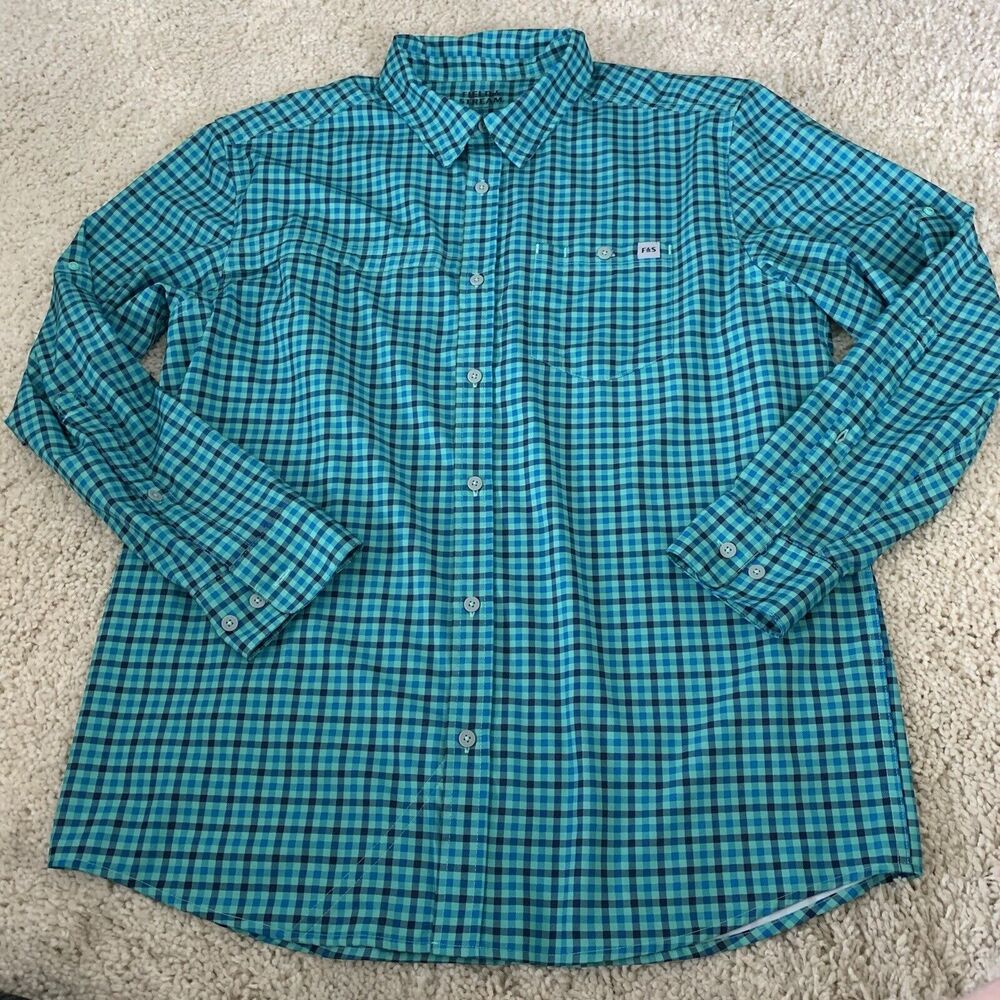 Field & Stream Fishing Shirt Mens XL Blue Plaid Vented Roll Tab Sleeves Pockets
